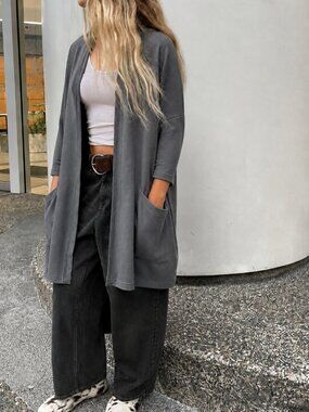 Grey Knit Cardigan Duster Drop Shoulder Open Front Pockets Wide 3/4 Sleeve